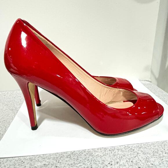 Stuart Weitzman 9.5M dressy shoes red patent open toe high stiletto heel pumps - Picture 2 of 8
